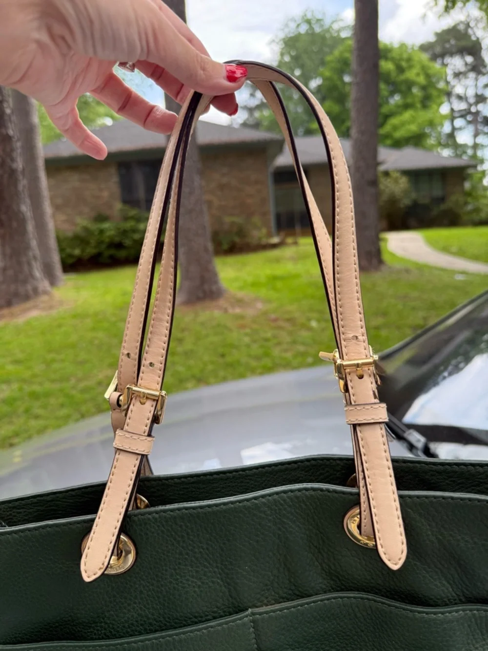 Michael Kors Green Pebbled Leather Tote Bag Gold Hardware Shoulder Bag Large EUC - Picture 3 of 6